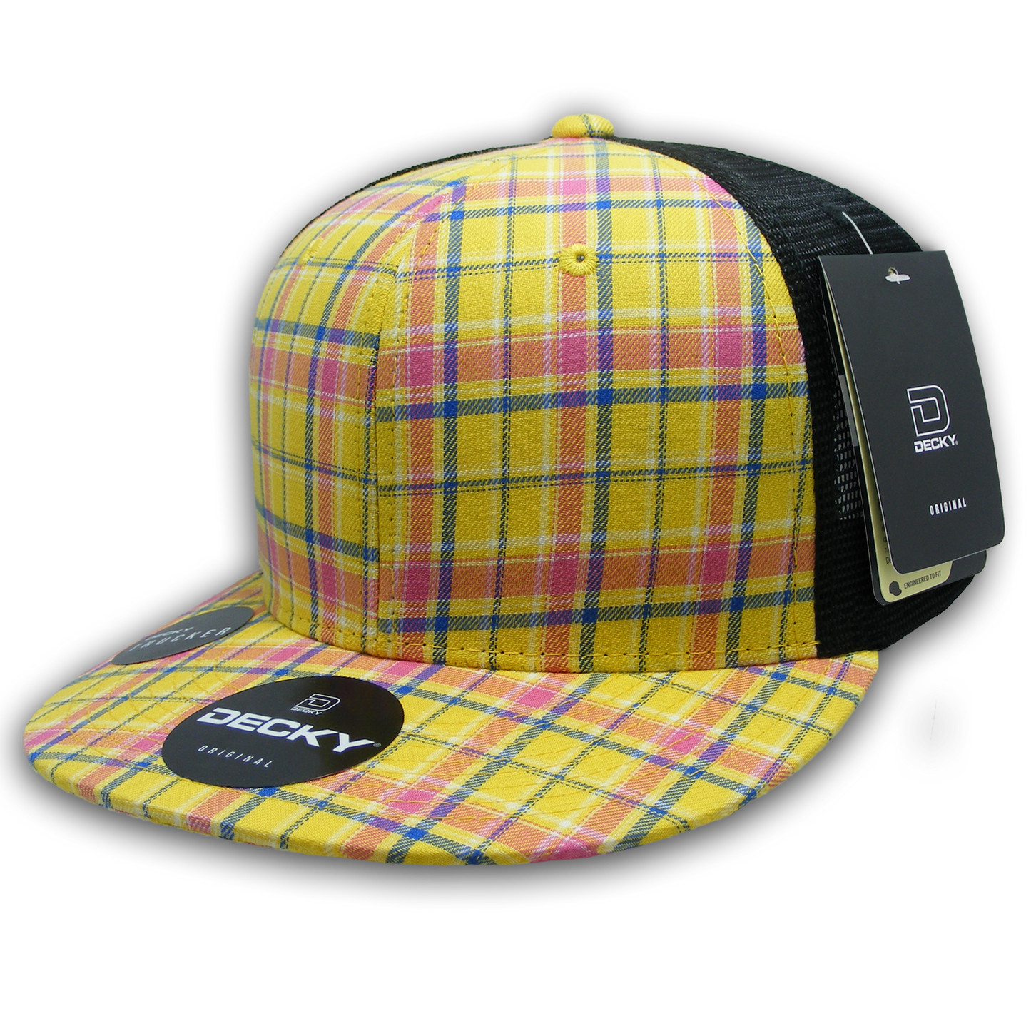 Decky 6016 High Crown Plaid Black Mesh Hat - 50% Cotton, 50% Nylon