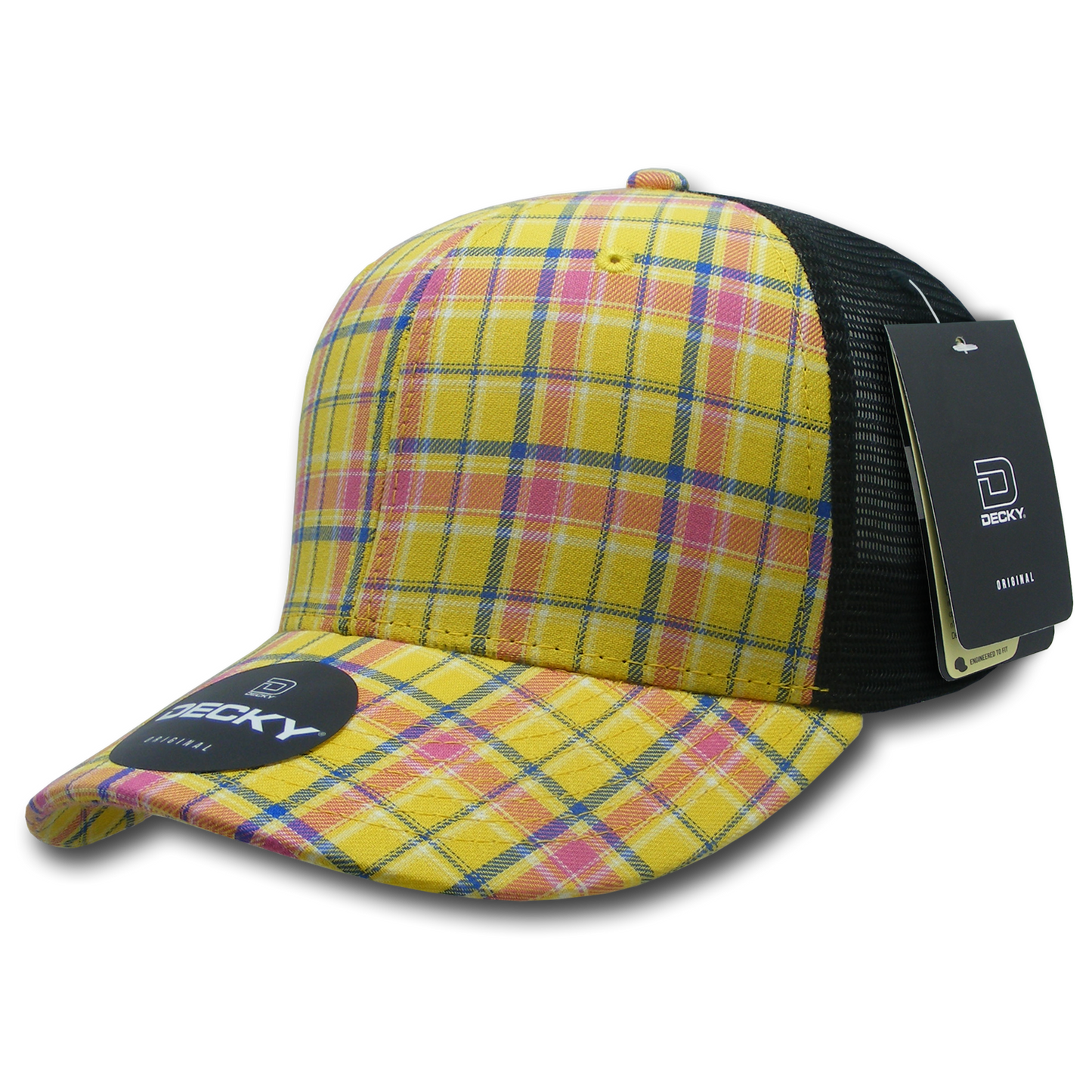 Decky 6018 Mid Crown Plaid Black Mesh Hat - 50% Cotton, 50% Nylon